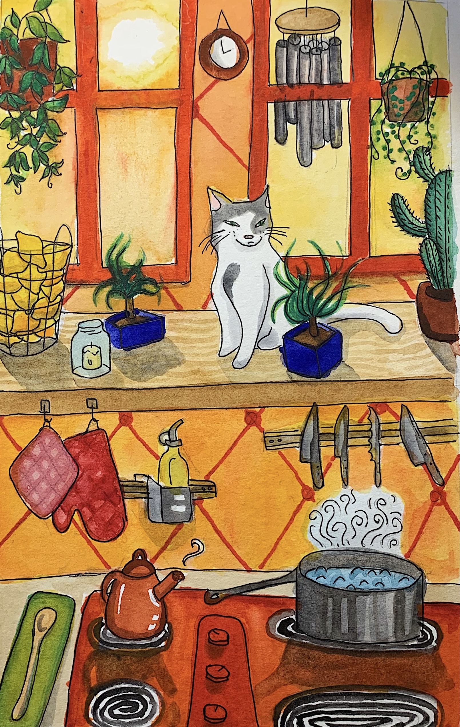cat in a kitchen illustration